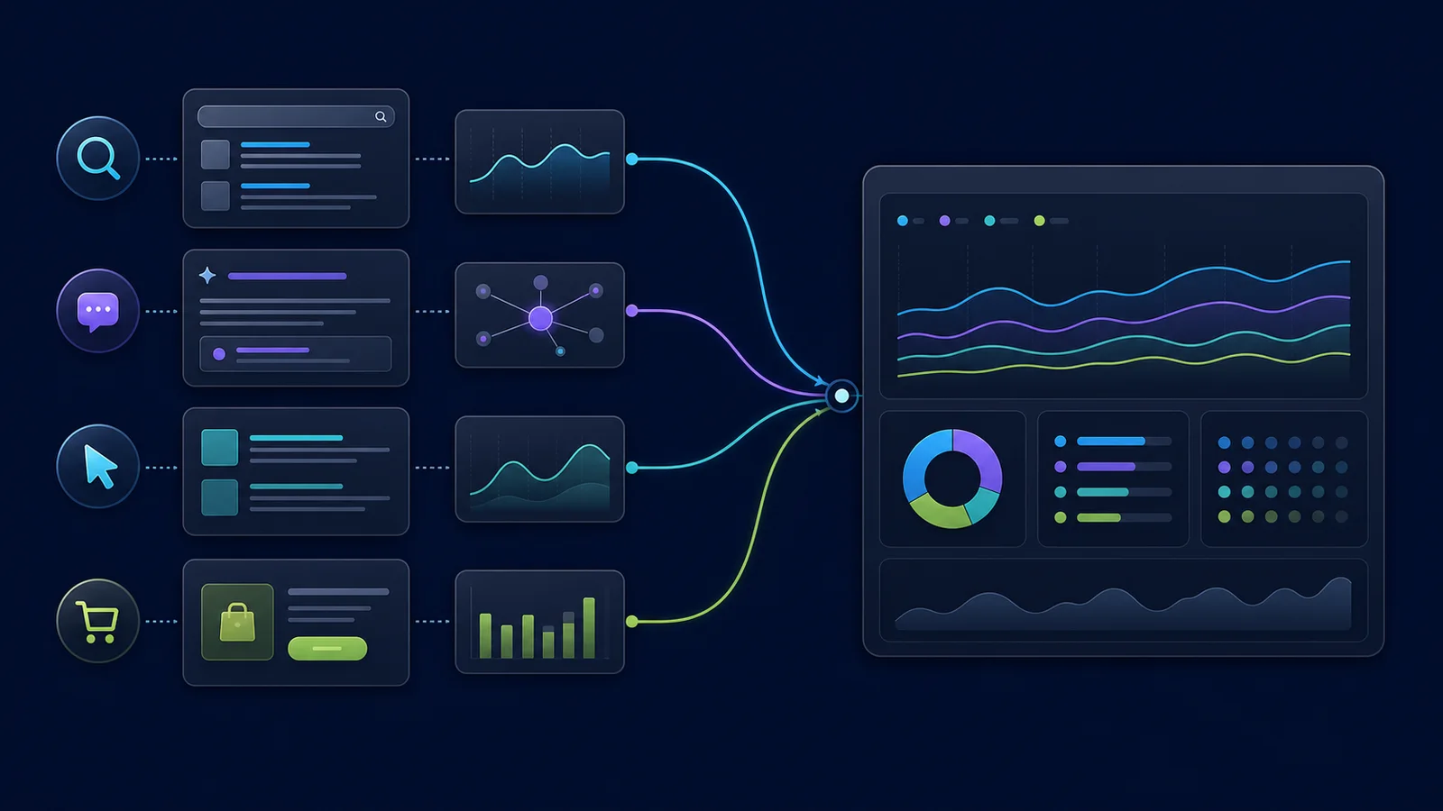Conventional search, AI citations, referral visits, and meaningful actions flow into one measurement view
