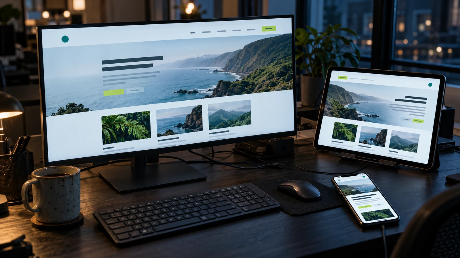Testing language versions of one website on a monitor, tablet, and phone